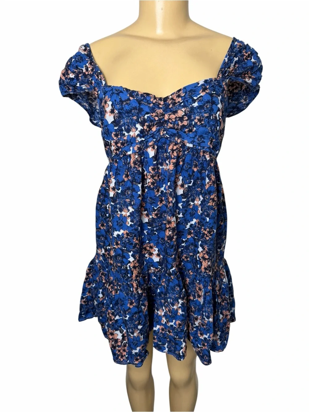Free People blue peach floral babydoll smocked mini dress small